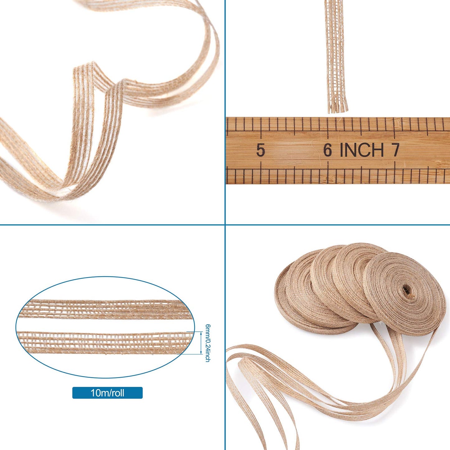 Pandahall 5 Rolls Natural Burlap Fabric Ribbon 1/4 inches Tan Jute Linen Ribbon Rolls for Party Decoration, DIY Crafts Gift Wrapping Christmas Making