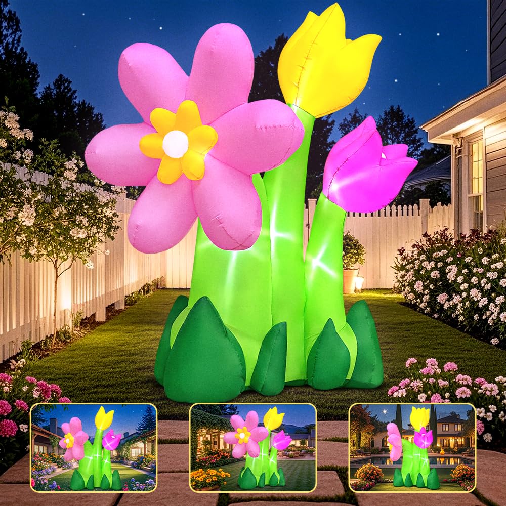 6FT Spring Easter Inflatable Flowers Outdoor Decoration Inflatables 3 Flowers Blow Up Inflatable Decoration Built-in LED Lights for Spring Easter Holiday Garden Lawn Party