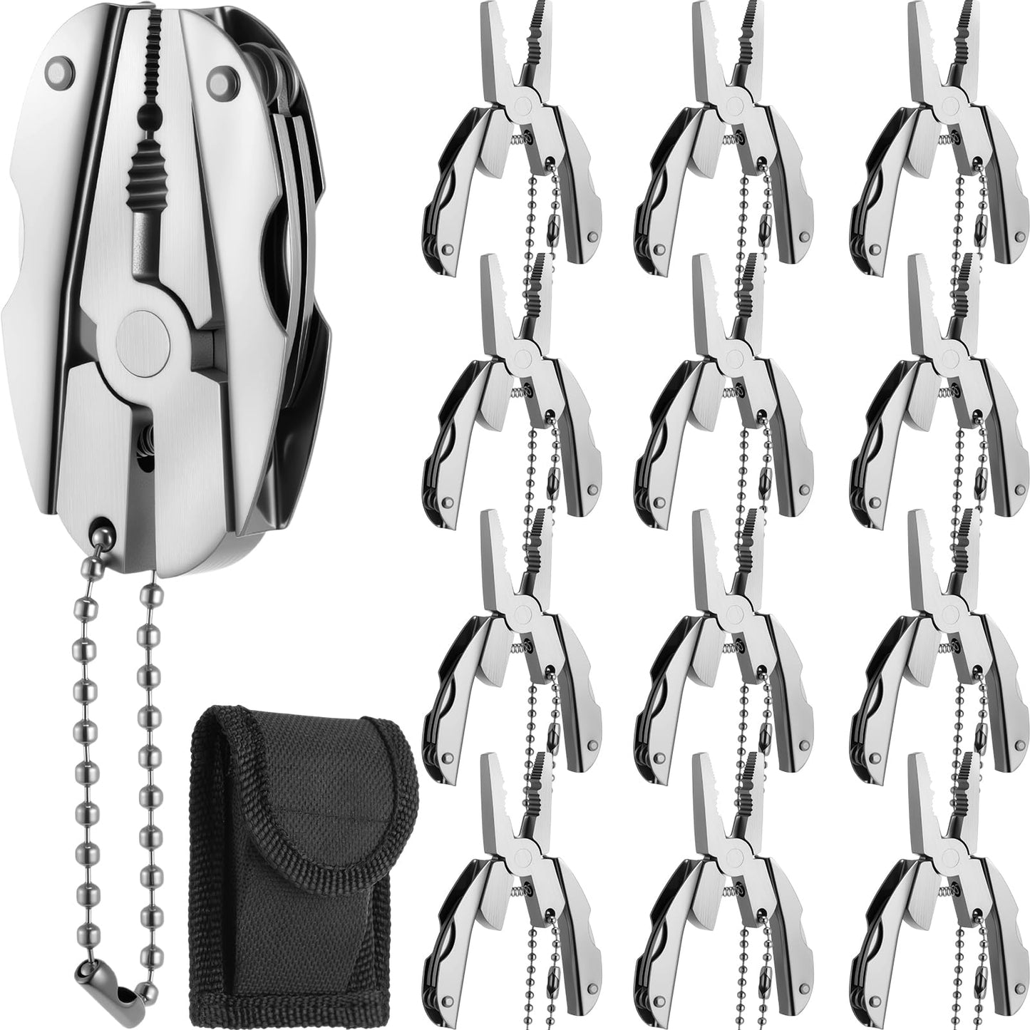 Leriton 12 Pcs Christmas Men Gifts Mini Pliers Bulk Stainless Steel Foldable Wrench Tool Party Favor Set Compact 6 in 1 Multipurpose Pliers Wrench with Sheath Tool Kit for Stocking Stuffers