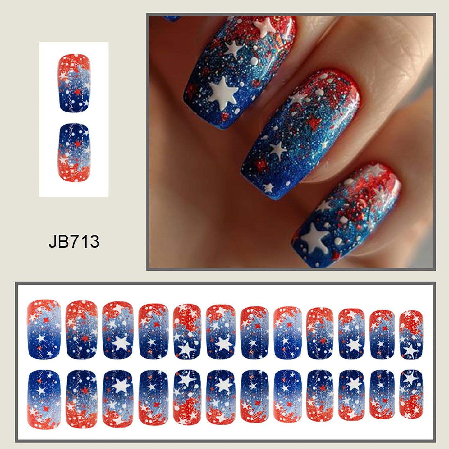 CJDLTS 24Pcs Independence Day Stars Press on Nails Medium Square Red Blue Smudge 4th of July Independence Day False Nail Full Cover Artificial Acrylic Nails Holiday Manicure Glue on Nail for Women