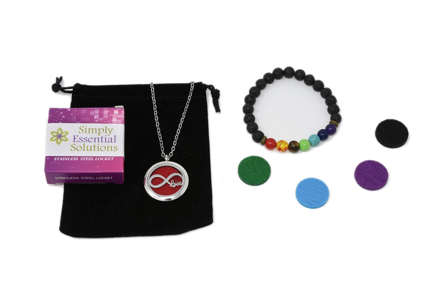 Aromatherapy Essential Oil Diffuser Stainless Steel 30MM Silver Magnetic Locket Pendant 2 Sizes Chain Necklace, Refill Pads & Diffuser Bracelet in a Velvet Bag (Love)