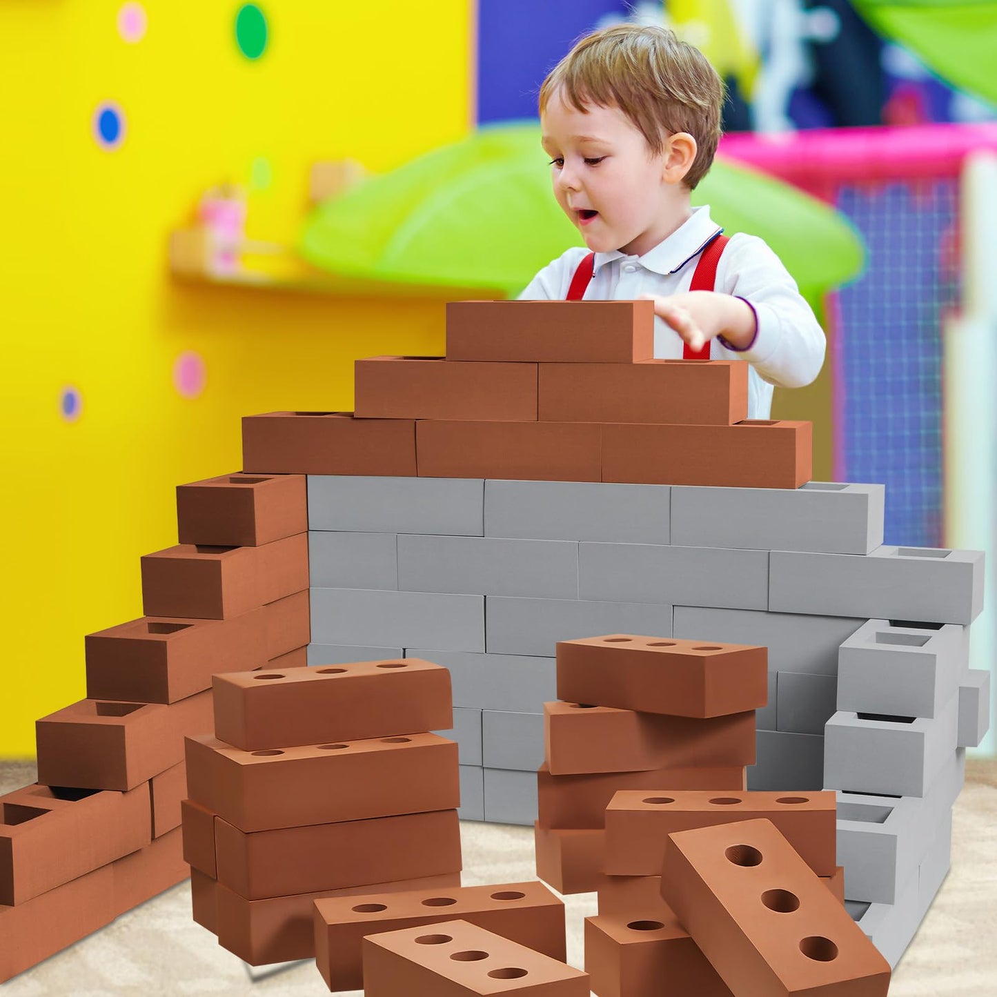 Deekin Foam Brick Building Blocks for Kids Thick Blocks Foam Large Fake Brick Construction Toy for Stacking Construction, 8 x 4 x 2.4 in(30 Pcs,Square Circle Holes)