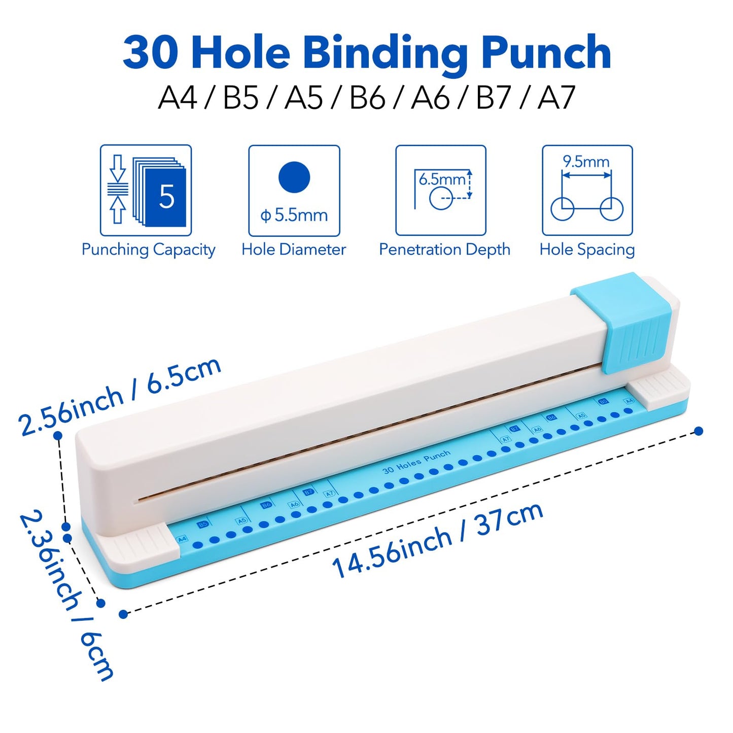 30 Hole Paper Punch, Binding Machine for Planner, A4 A5 A6 A7 B5 B6 B7 Book Binder Notebooks Loose Leaf Paper Punch Machine, Portable Adjustable Hole Puncher, 5-Sheet Capacity, for School, Office