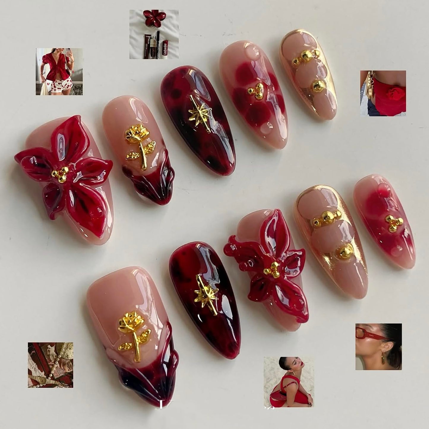 Luxury Press on Nails Medium Almond Handmade 3D Unique Reusable ABS Material Fake Nails French Tip False Nails with Designs Red Floral Glossy Glue on Nail Thick Acrylic Nail(M)