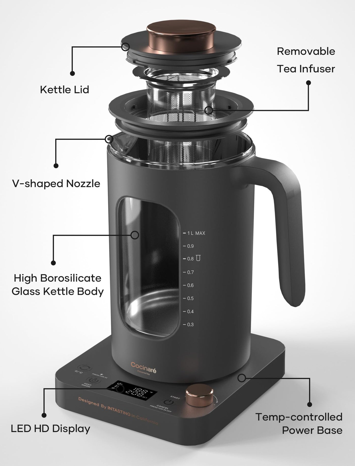 Electric Tea Kettle, INTASTING Glass Electric Kettle with tea Infuser and Precise knob temperature control, 1200W Fast Heating, BPA-Free, Easy to Clean, 1 Liter (Dark Gray)