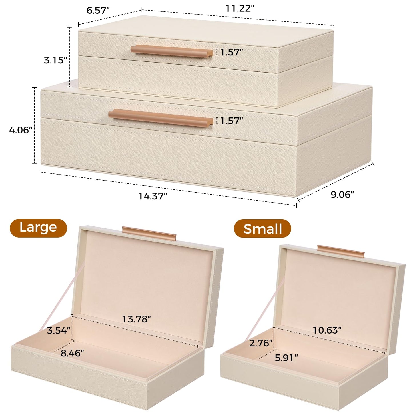 YUNSCEND Decorative Boxes with Lids 2-Set, Memory Box for Keepsakes, Saving Space, Beautiful PU Leather Keepsake Box, Decorative Storage Boxes with Gold Metal Handles Store Photos, Documents White