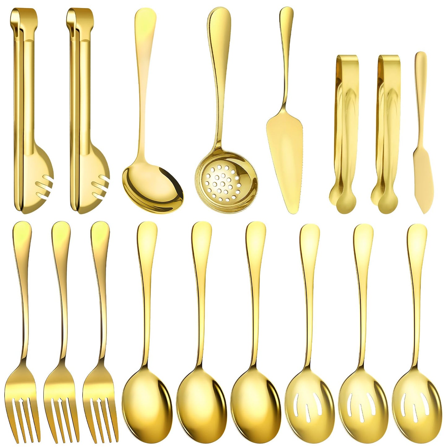 17 Pcs Gold Serving Utensils Set Include Stainless Steel Large Serving Spoons Slotted Spoons Forks Soup Ladle Pie Server - Metal Utensils for Parties Buffet Catering, Dishwasher Safe