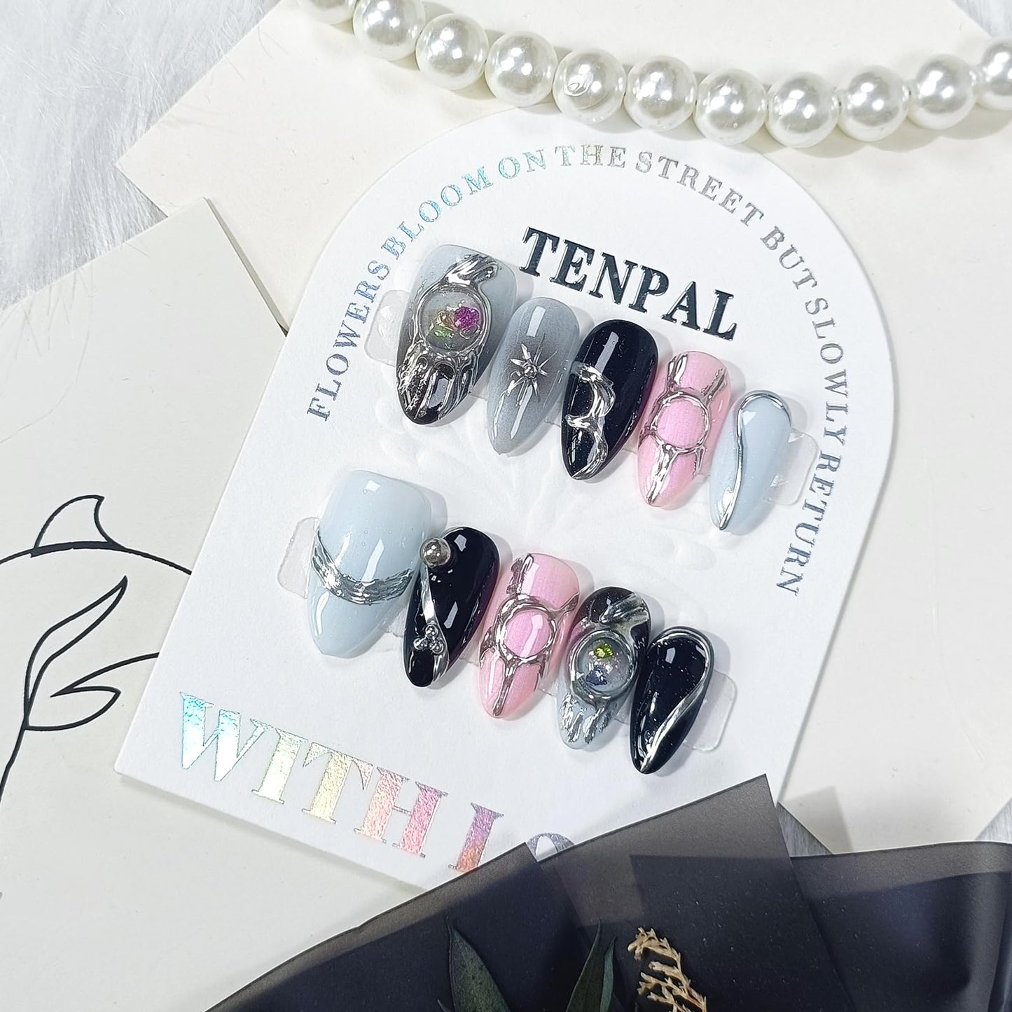 TENPAL Handmade Press On Nails Medium Almond,Acylic Soft Gel Metallic Chrome Silver Finished Aurora Sweet Cool Y2k False Nails Press Ons for Women 10pcs(XS)