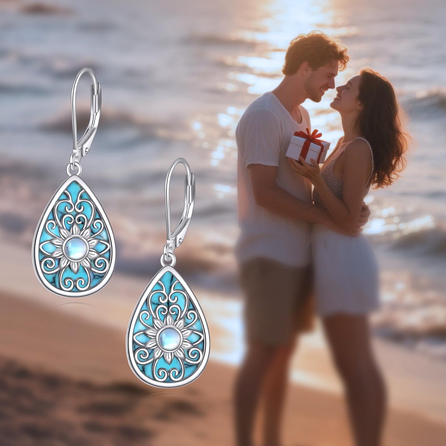 YONFQE Filigree Dangling Earrings Sterling Silver Teardrop Turquoise Drop Dangle Earring Filigree Leverback Gifts for Women