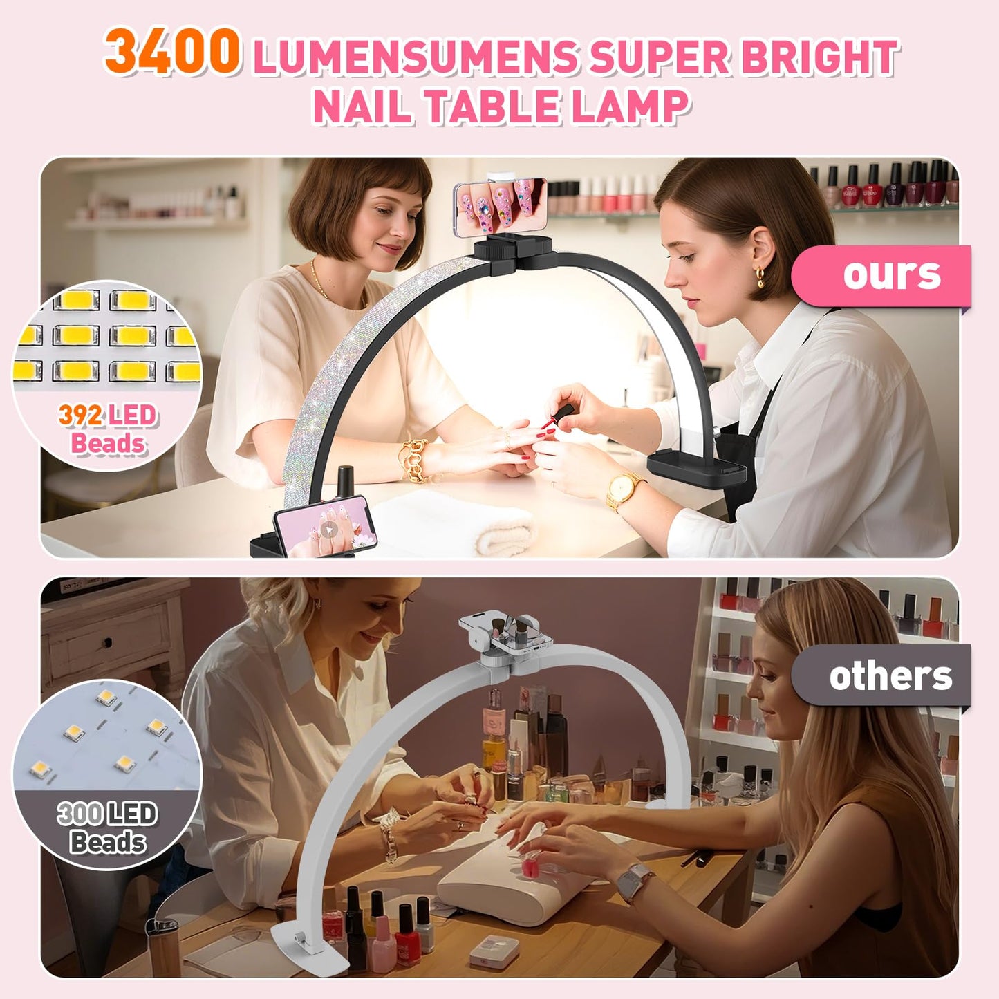 HITTI 31in Large Half Moon Light for Nail Desk, Foldable, Phone Stand, LED Adjustable Brightness and Color, 48W, Arch Nail Tech Table Lamp for Manicure, Craft, Art, Jewelry Making (Crystal Diamond)