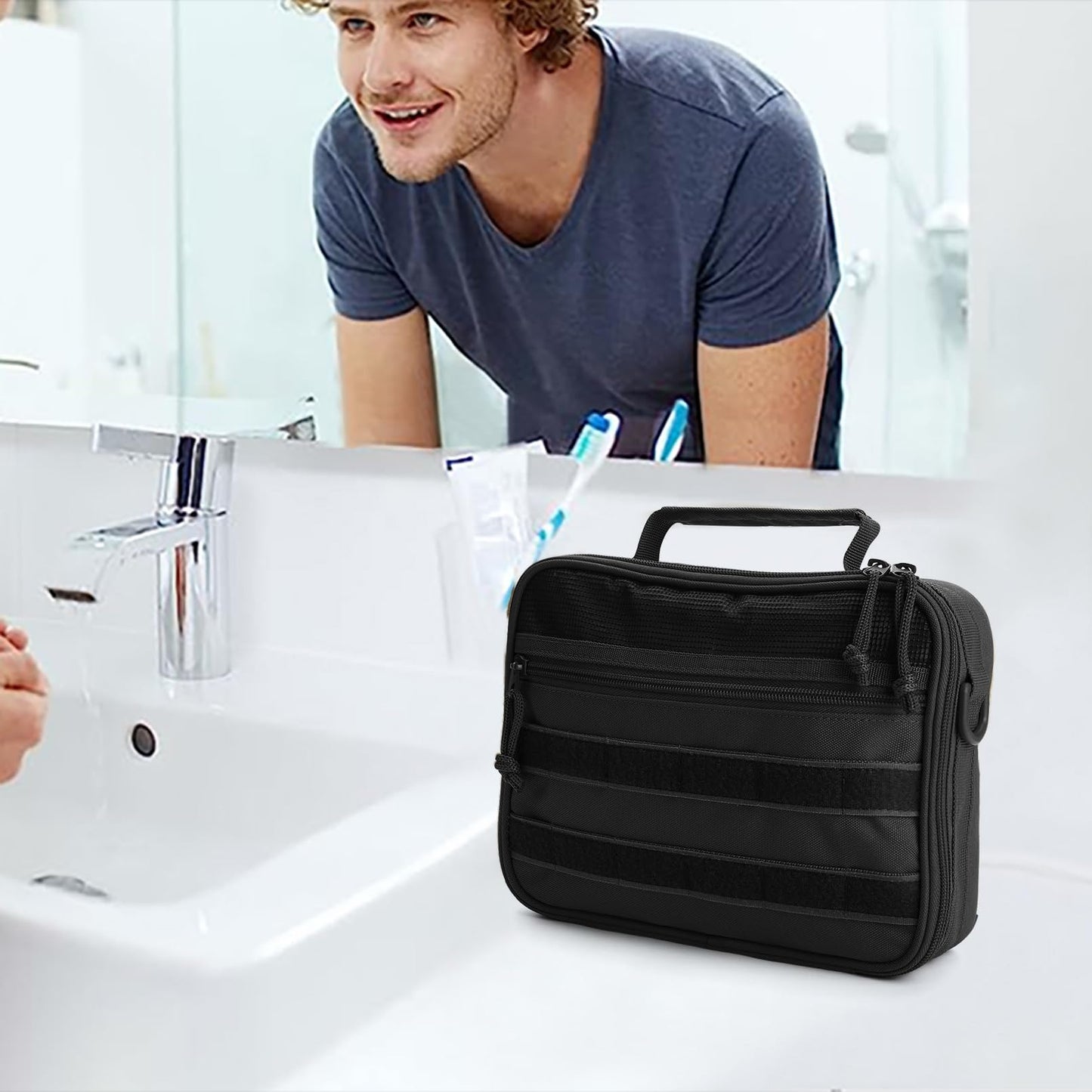 SMONT Toiletry Bag for Men, Mens Toiletry Travel Bag, Tactical Hanging Shaving Hygiene Dopp Kit Bag for Bathroom Black