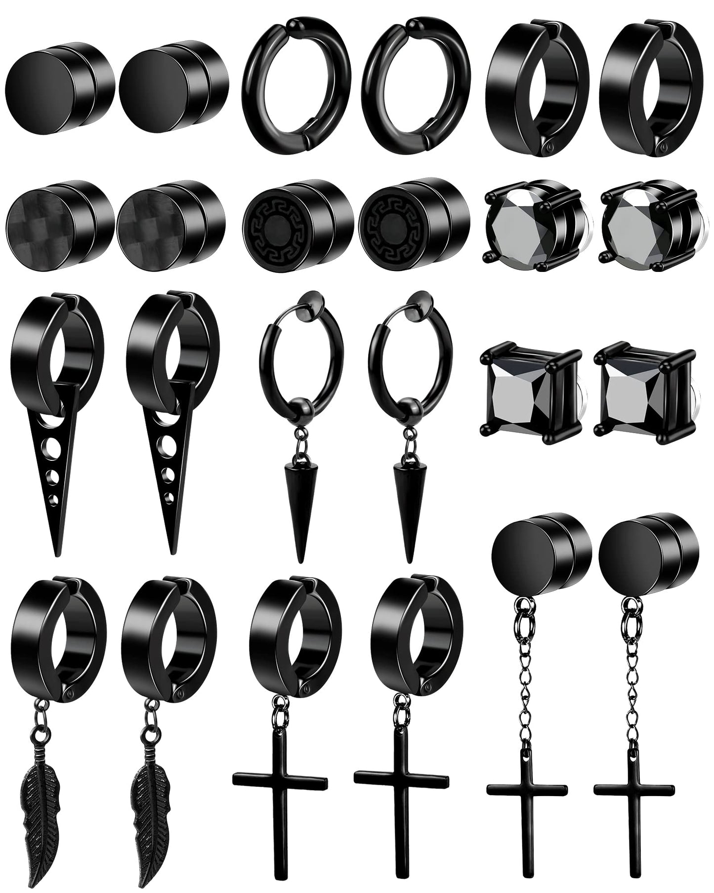 ONESING 12 Pairs Black Magnetic Earrings: Clip On, Hoop & Dangle Designs - Non-Piercing Set for Men & Women