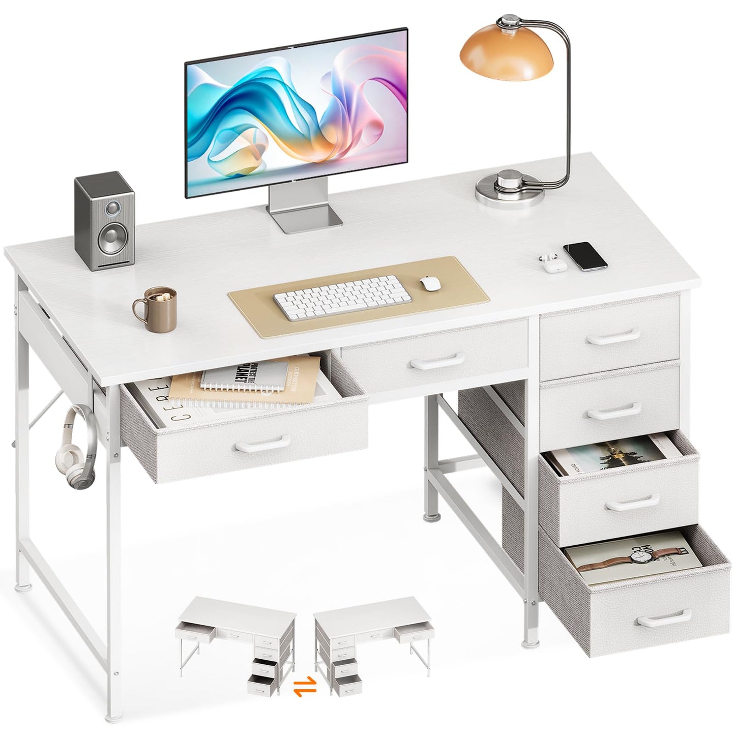 Casaottima 40 Inch Small Computer Desk with 6 Drawers, Reversible Storage Desk for Home Office, Work Study Table for Bedroom, White