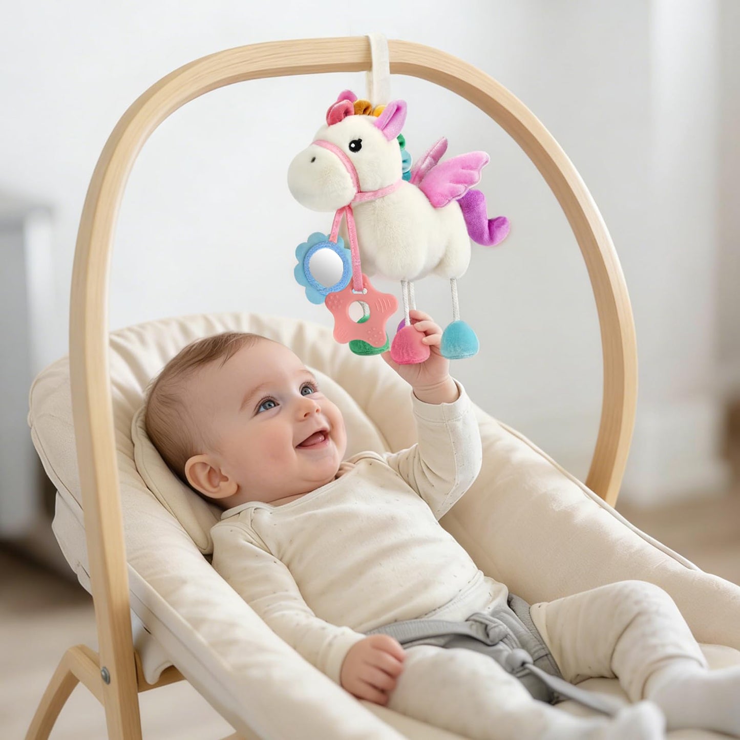 TYRY.HU Baby Stroller or Car Seat Toy,Soft Plush Stroller & Cot Hanging Toys, Rattle Sensory Developmental Activity Toy-Textured Ribbons&Crinkle Sounds&Silicone Teether, Gift for 0 3 6 9 12 Months