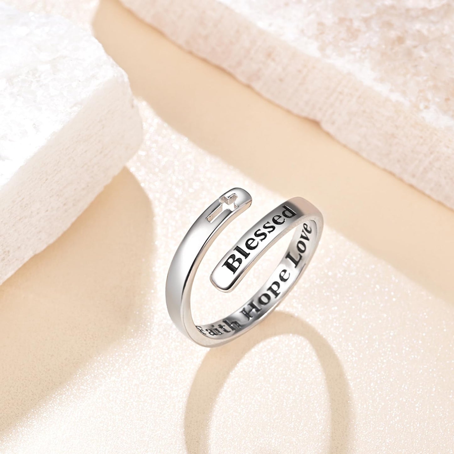 925 Sterling Silver Inspirational Jewelry Adjustable Wrap Open Ring Encouragement Gift for Women(Blessed Faith Hope Love)