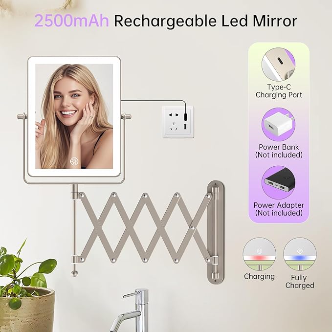 FASCINATE Rechargeable Wall Mounted Makeup Mirror with Lights, 8.7 Inch Double Sided Touch Switch 1X 30X Magnifying Bathroom Mirror, 3 Color Lights Touch Dimmable Extended Arm 360°Rotation (Nickel)