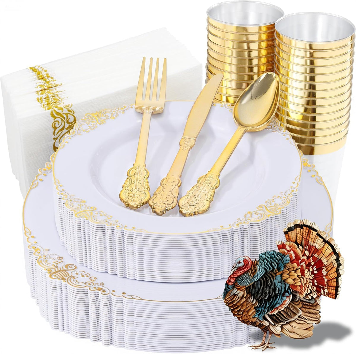 Nervure 175PCS White and Gold Plastic Plates - Disposable Dinnerware Set Include 50 Gold Plates for Dinner and Dessert, 75 Cutlery, 25Cups 25Napkins for Wedding & Party & Thanksgiving