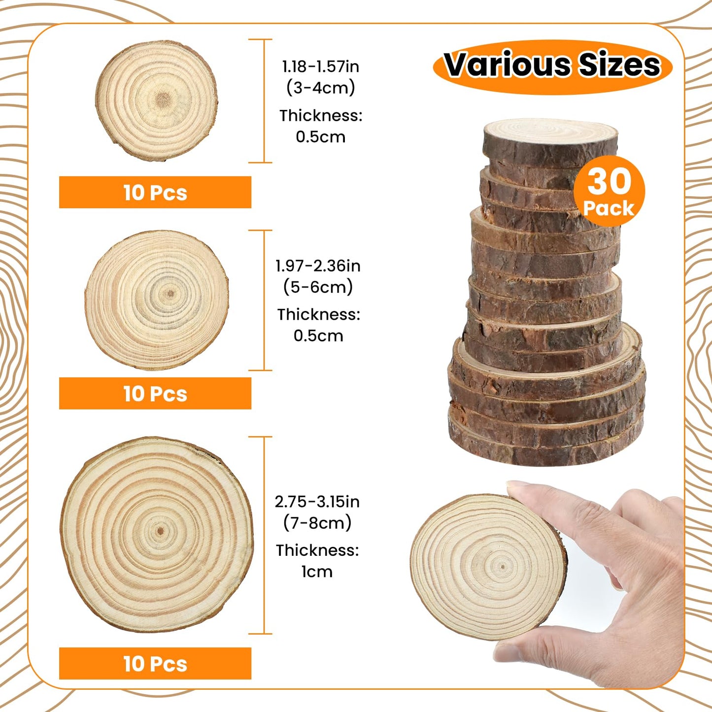 MARRTEUM 30Pcs 1.2"-3.1" Unfinished Natural Wood Slices, Round Wood with Tree Bark Discs Circles Cookies for DIY Arts & Crafts, Coaster, Christmas Ornaments, Rustic Wedding Decoration
