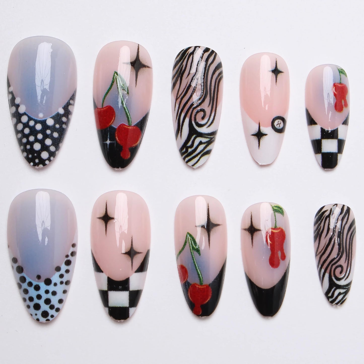 BABALAL Press on Nails Medium Almond Fake Nails Black Y2k Goth Glue ons Cherry & Polka Dot Design Supplies 24Pcs Full Cover Trendy Glossy Acrylic False Nails