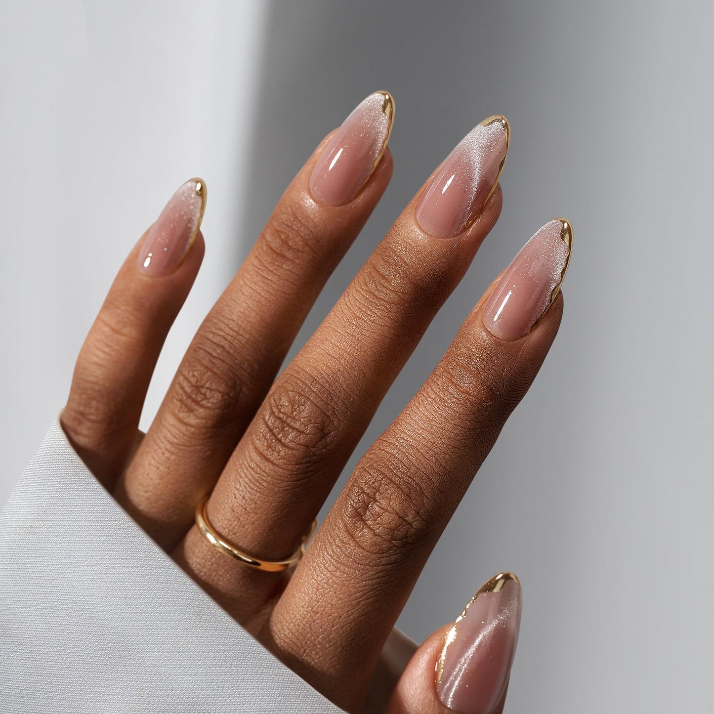 BTArtbox Press On Nails Almond -Soft Gel Fake Nail with Nail Glue, Reusable Opaque Short Stick On Nails, Falling Star Cat Eye & Knightshield