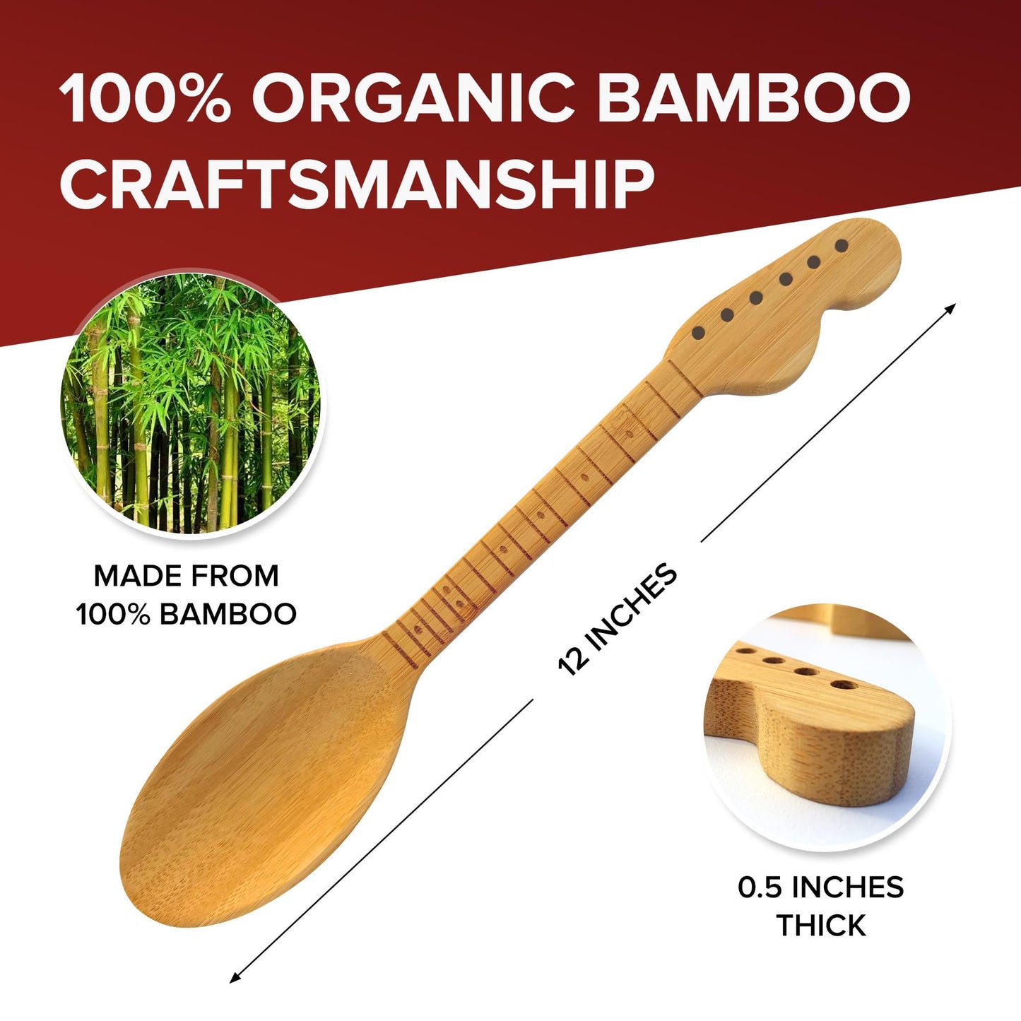 Rise8 Studios Guitar Bamboo Cooking Utensils Set (4-Piece) | Wooden Spoons and Spatulas | Fun Music Themed Kitchen Gadgets & Accessories | Unique Gift for Musicians, Guitar Players