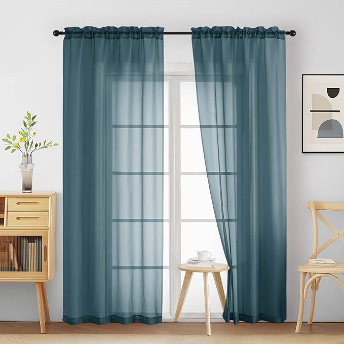 Dusty Blue Sheer Curtains 84 Inches Long 2 Panels, Elegant Airy Transparent Light Filtering Window Curtains, Window Drapes for Living Room Bedroom, Top Dual Rod Pocket Design, 2x42Wx84L Inches