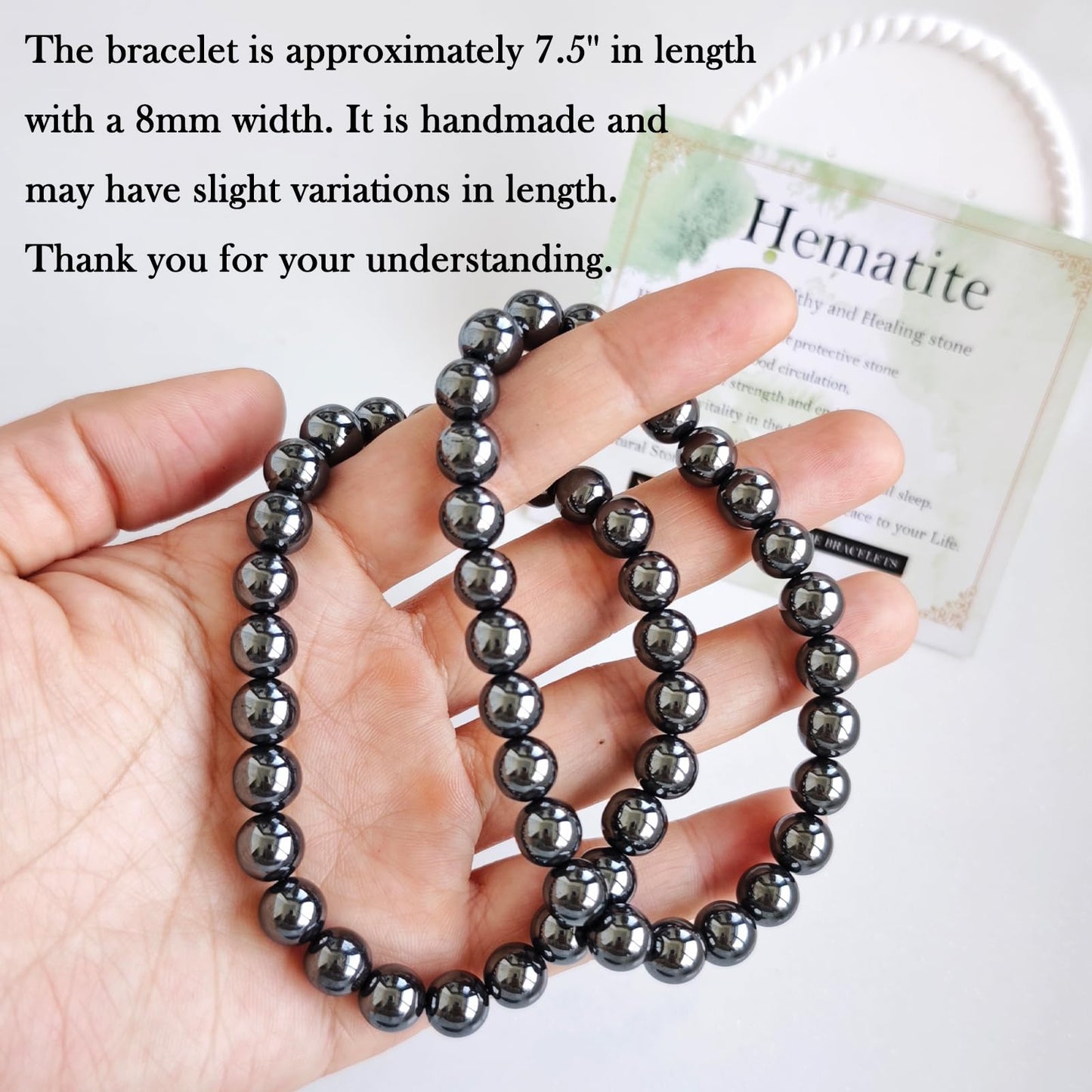 Handmade Natural Gemstone Elastic Bracelet - Healing Crystal Beads Jewelry, Unisex (Hematite, 8mm)