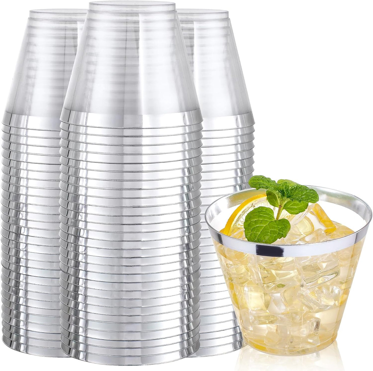Ciaell 200PCS Silver Plastic Cups - 9Oz Heavy Duty Plastic Cups - Gold Rimmed Cup - Disposable Clear Cup with Gold Rim for Party & Wedding