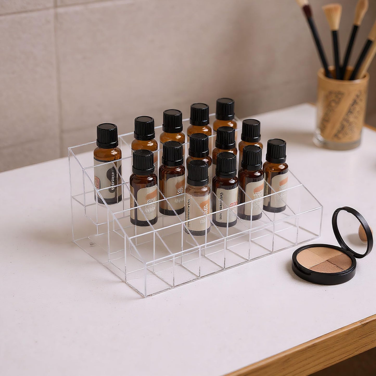Lolytama 24Slots Essential Oil Holder，Plastics Essential Oil Storage,for Bottles Perfumes and Nail Polish Shelf，Essential Oil Organizer,Makeup Storage Rack