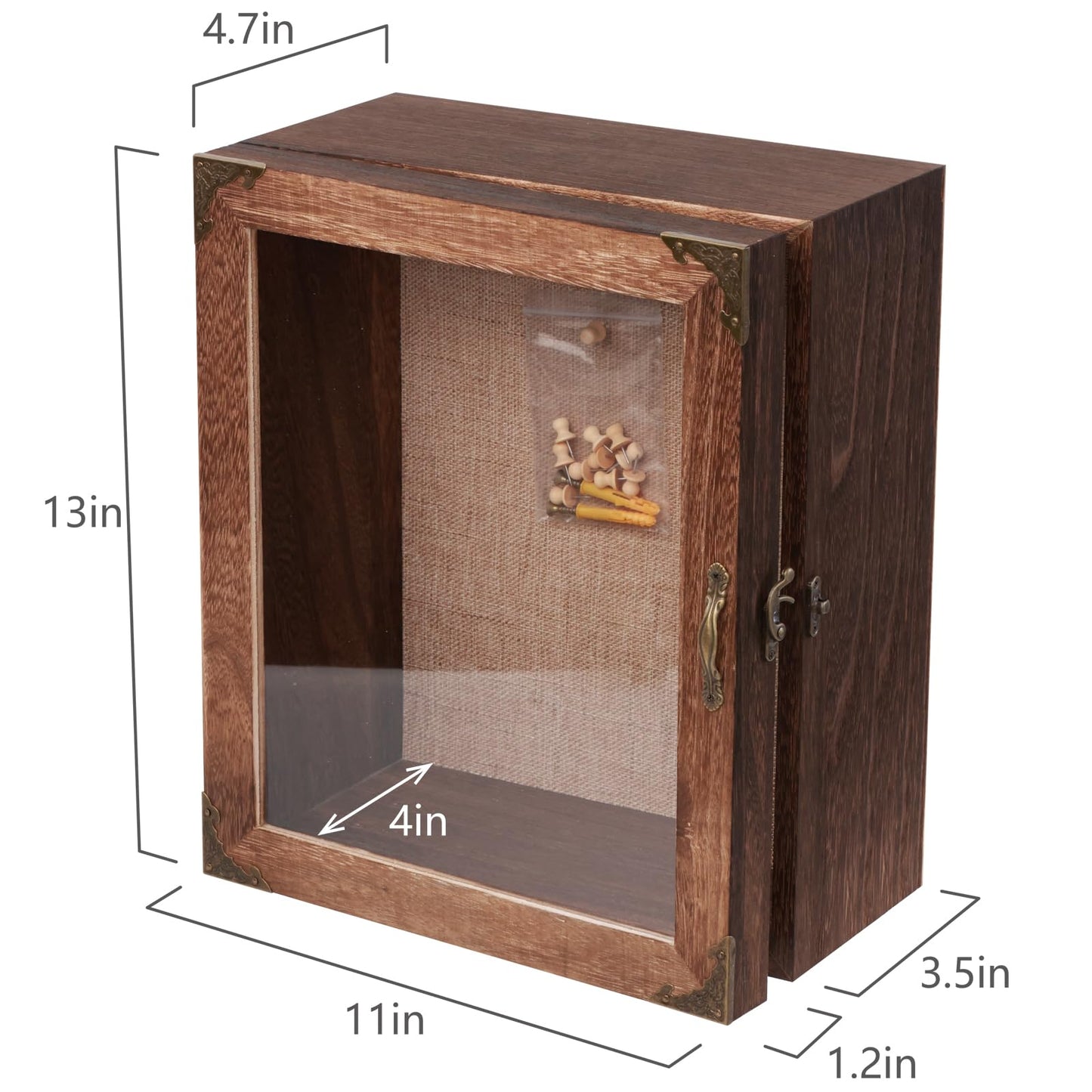 KAASTHAA Shadow Box Frame 11x13, Depth 5in Shadow Boxes Display Cases, Rustic Burnt Wood, Vintage Metal Accents, Acrylic Door, Metal Handle and Latch, Linen Back
