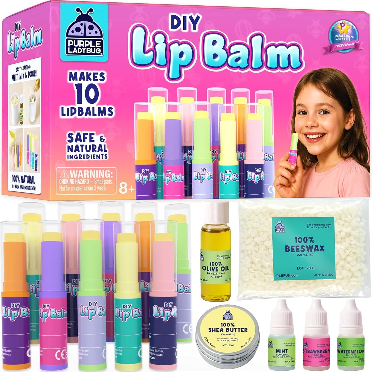 PURPLE LADYBUG DIY Lip Balm Making Kit - STEM Gifts for 10 Year Old Girl & Great 9 Year Old Girl Birthday Gifts - Science Kits for Kids Age 8-12, Make Your Own 10 Experiment Lip Balm with 3 Flavors