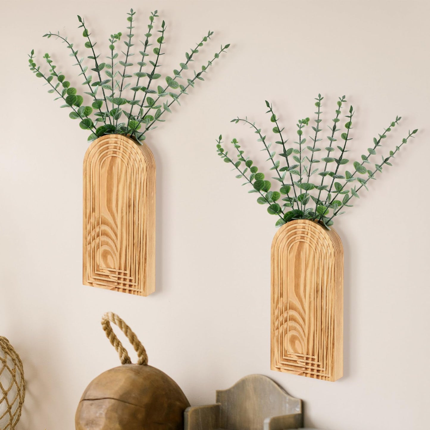 Ninehaoou 2 Pack 15" Wooden Wall Vase with 20 Pcs Artificial Eucalyptus Leaves Stems Planter, Boho Modern Farmhouse Bathroom Hanging Planter for Wedding, Hallway, Bedroom, Living Room
