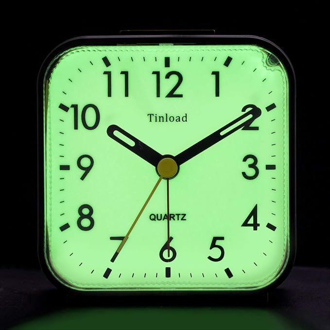 Tinload Small Battery Operated Analog Travel Alarm Clock Silent Non Ticking,Gentle Wake, Ascending Beep Sounds, Snooze,Lighted on Demand, Glow in Dark dial,Easy Set