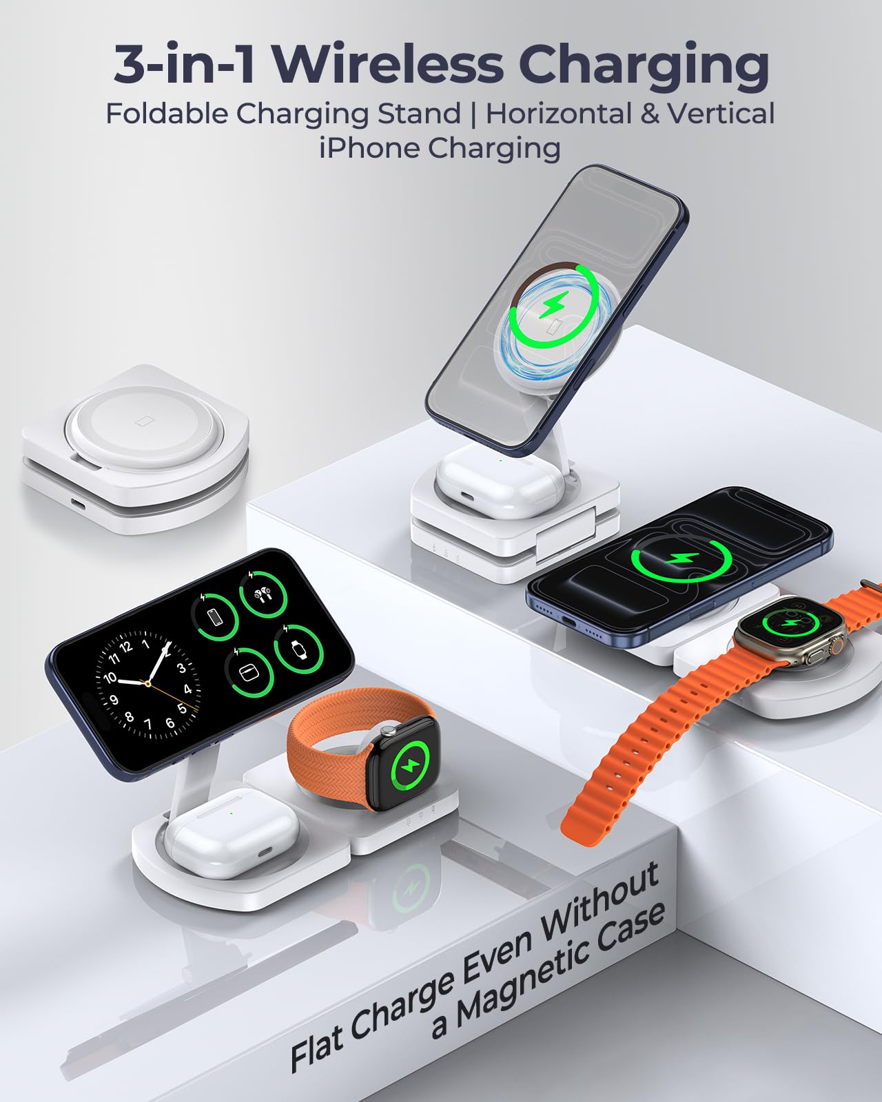EGV Wireless Charger for iPhone, 3-in-1 Magnetic Charging Station for Apple, MagSafe Charger Stand for iPhone 17 Air 16 15 14 13 12 Series, Airpods Pro, Apple Watch Ultra, Foldable, No Adapter, White