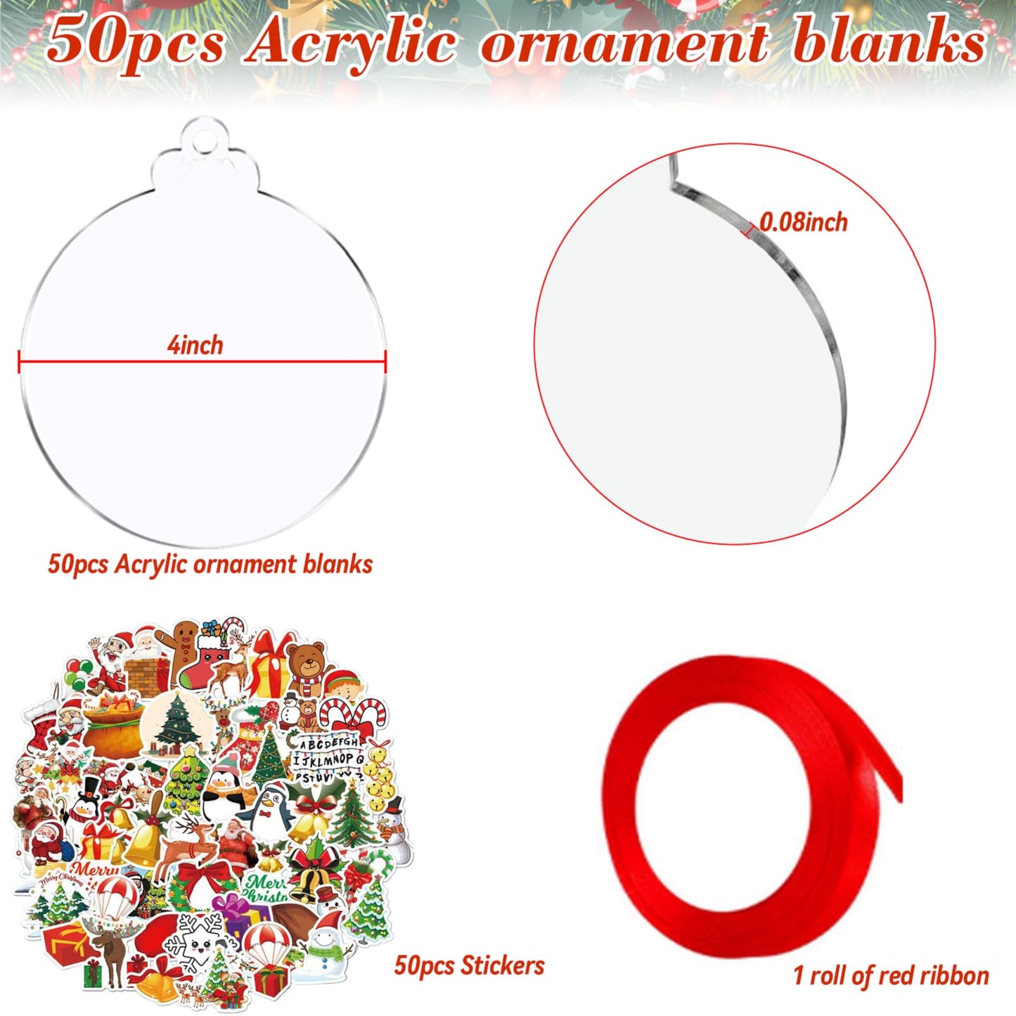 Acrylic Ornaments Blanks, 50Pcs Acrylic Blanks & 50Pcs Stickers, DIY Christmas Ornaments, Blanks Ornaments with a Red Roll Ribbons for Christmas Tree Decoration(4 Inch)