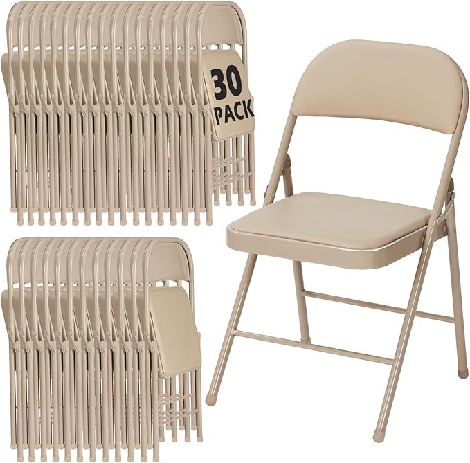 30 Pack Khaki Folding Chairs with Padded Cushion for Outside, Portable Stackable Commercial Metal Foldable Chairs with Steel Frame for Home Events Office Wedding Party, 350lbs Capacity