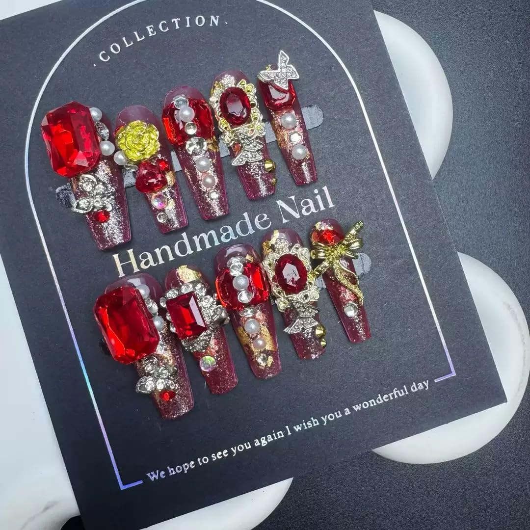100% Handmade Press on Nails Long Coffin Red Acrylic Handmade Nails Press Ons Diamond Fake Nails Rhinestones Glue on Nail Reusable Gorgeous False Nail for Women Girls Manicure Size L