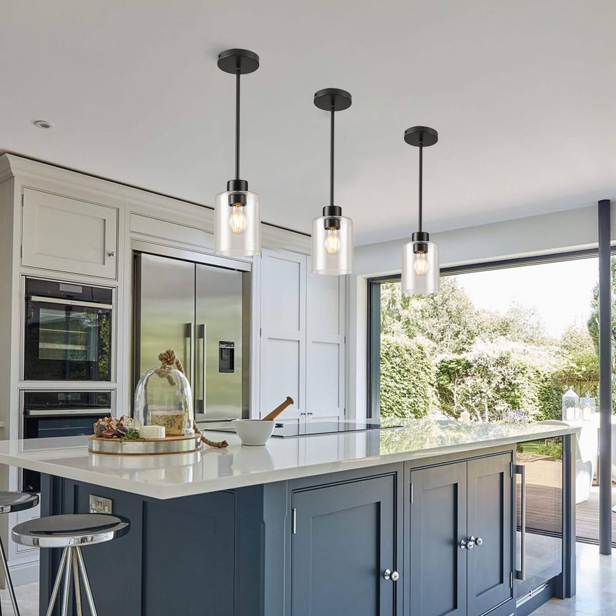 Black Pendant Lights Kitchen Island - Seeded Glass Pendant Light Fixture Multiple Stems Rods (3 Pack with Rod seeded Glass)