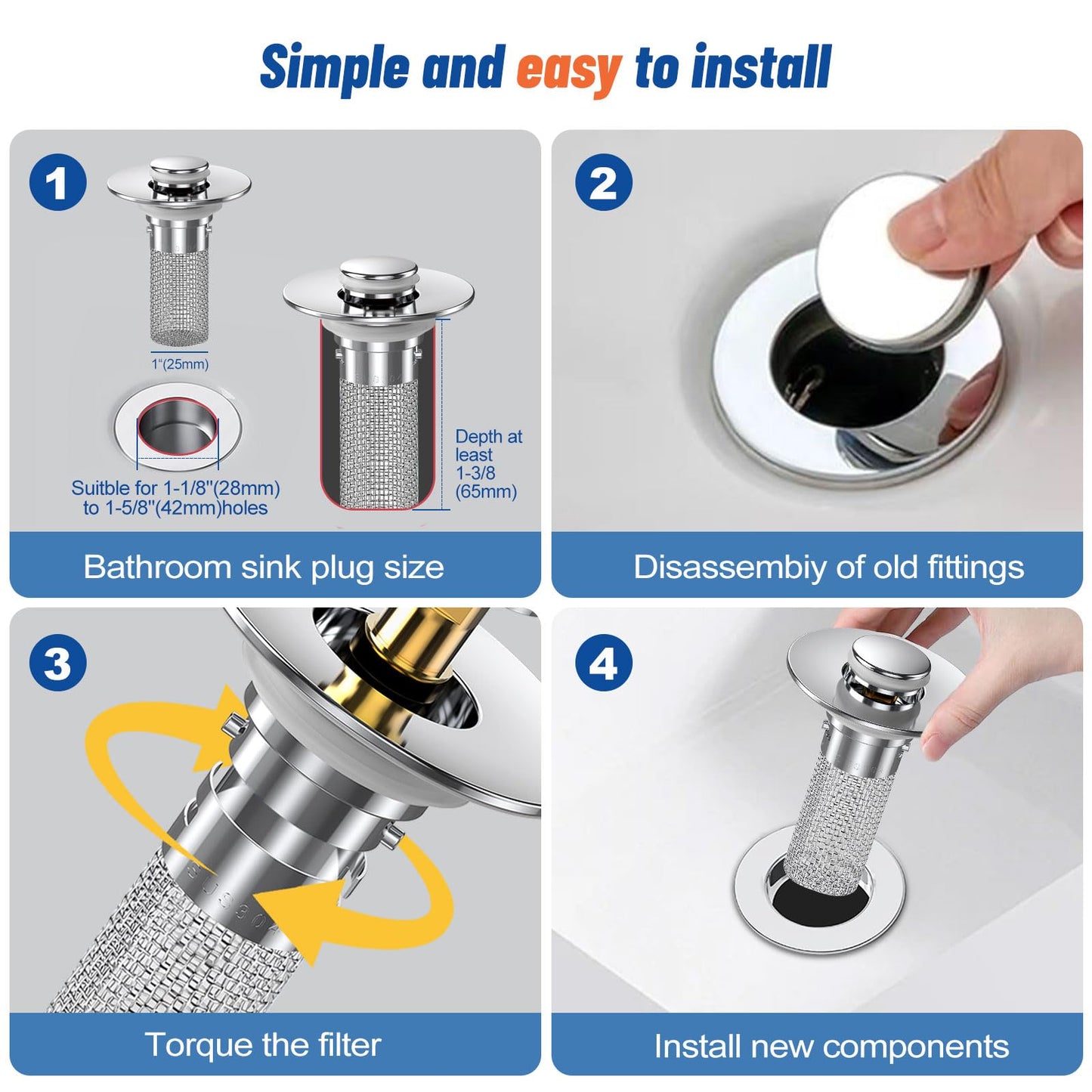 Vakabiu 2024 New Pop Up Bathroom Sink Drain Strainer Hair Catcher, Sink Drain Stopper with Removable Stainless Steel Filter Basket,for US Bathroom Sink Stopper Replacement (2PCS)
