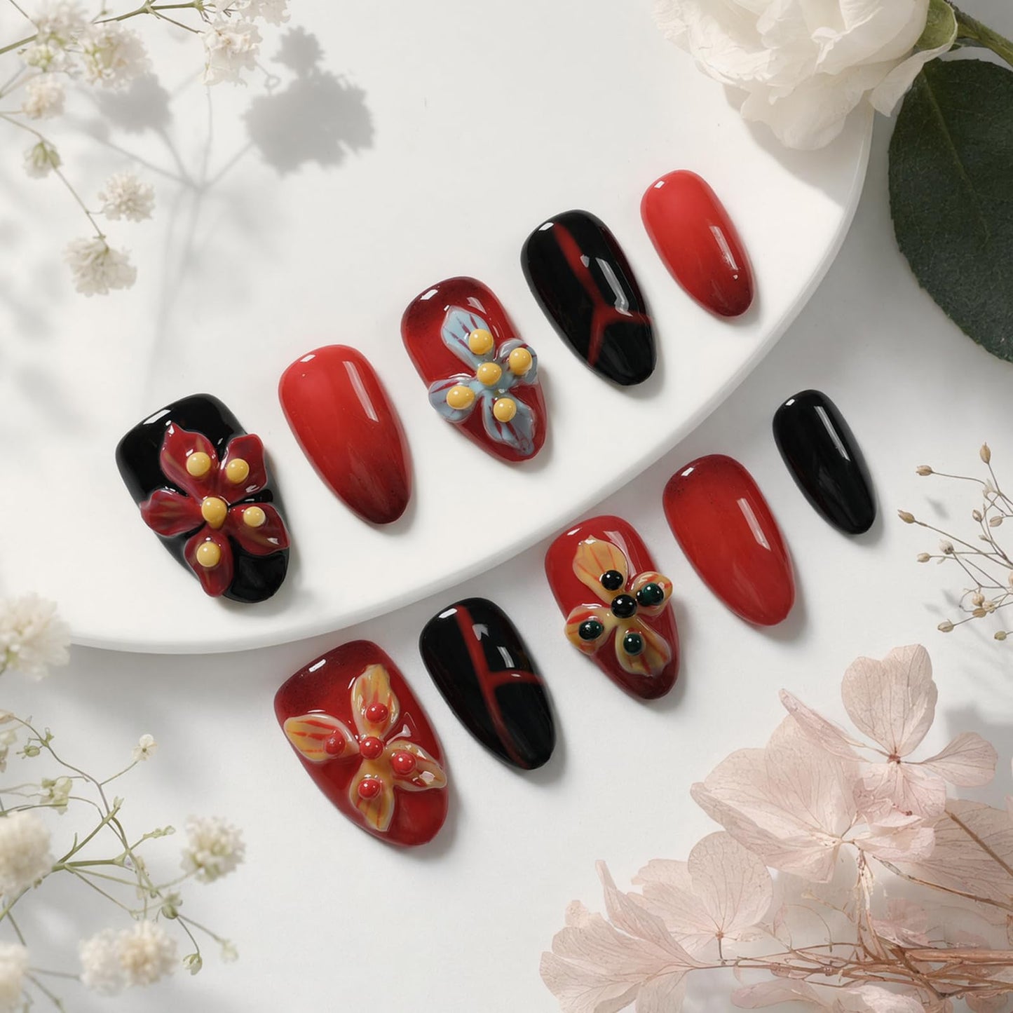Tesytto Handmade Press on Nails Almond Shape Glossy Reusable False Nails for Nail Art (Crimson Flame Shadow, S)