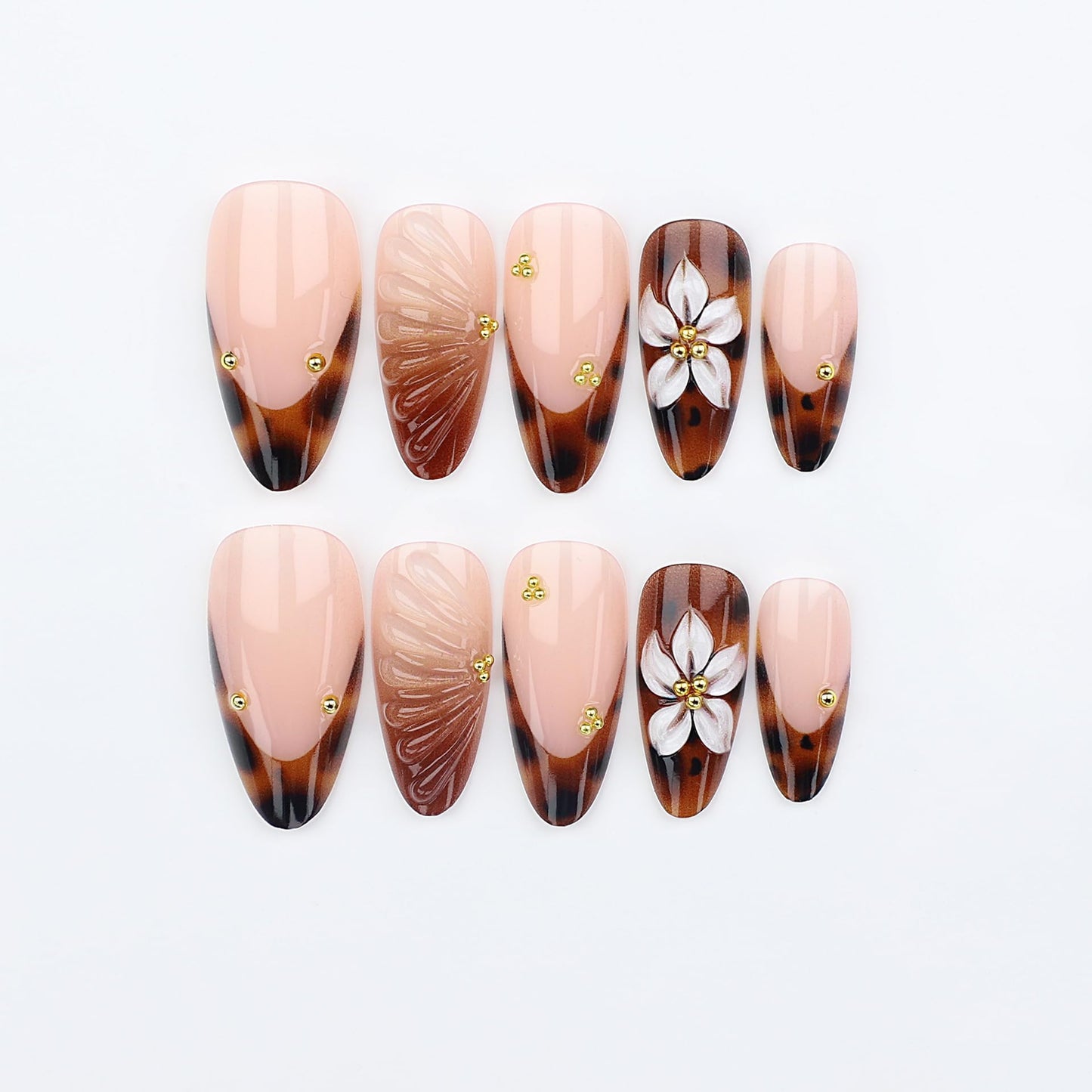 plalely Almond Press on Nails Medium Brown Fake Nail3D Flowers Designs Acrylic Nail Press ons Stick on Nails for Women 24pcs