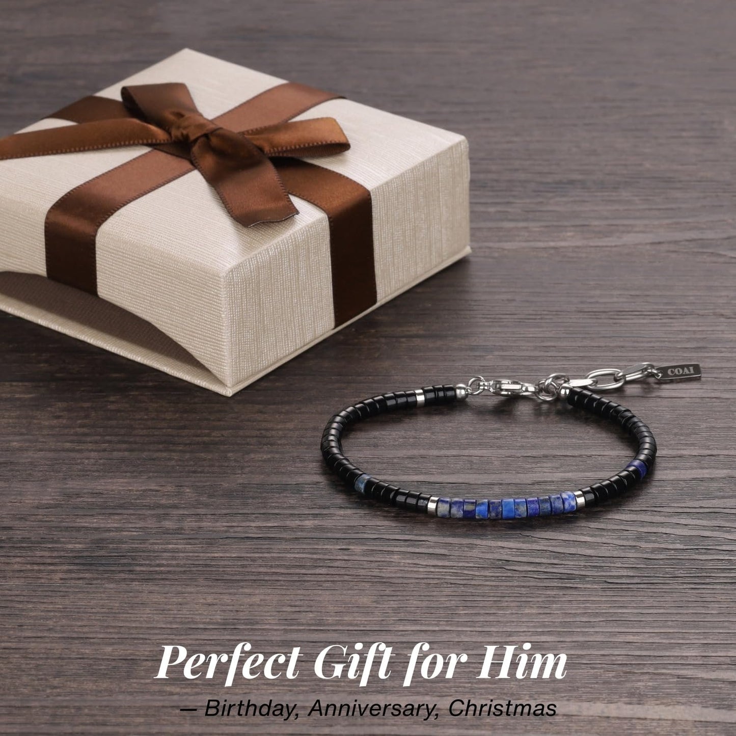 COAI Onyx Lapis Lazuli Bracelet for Men, Heishi Beads Natural Gemstone Bracelet for Men