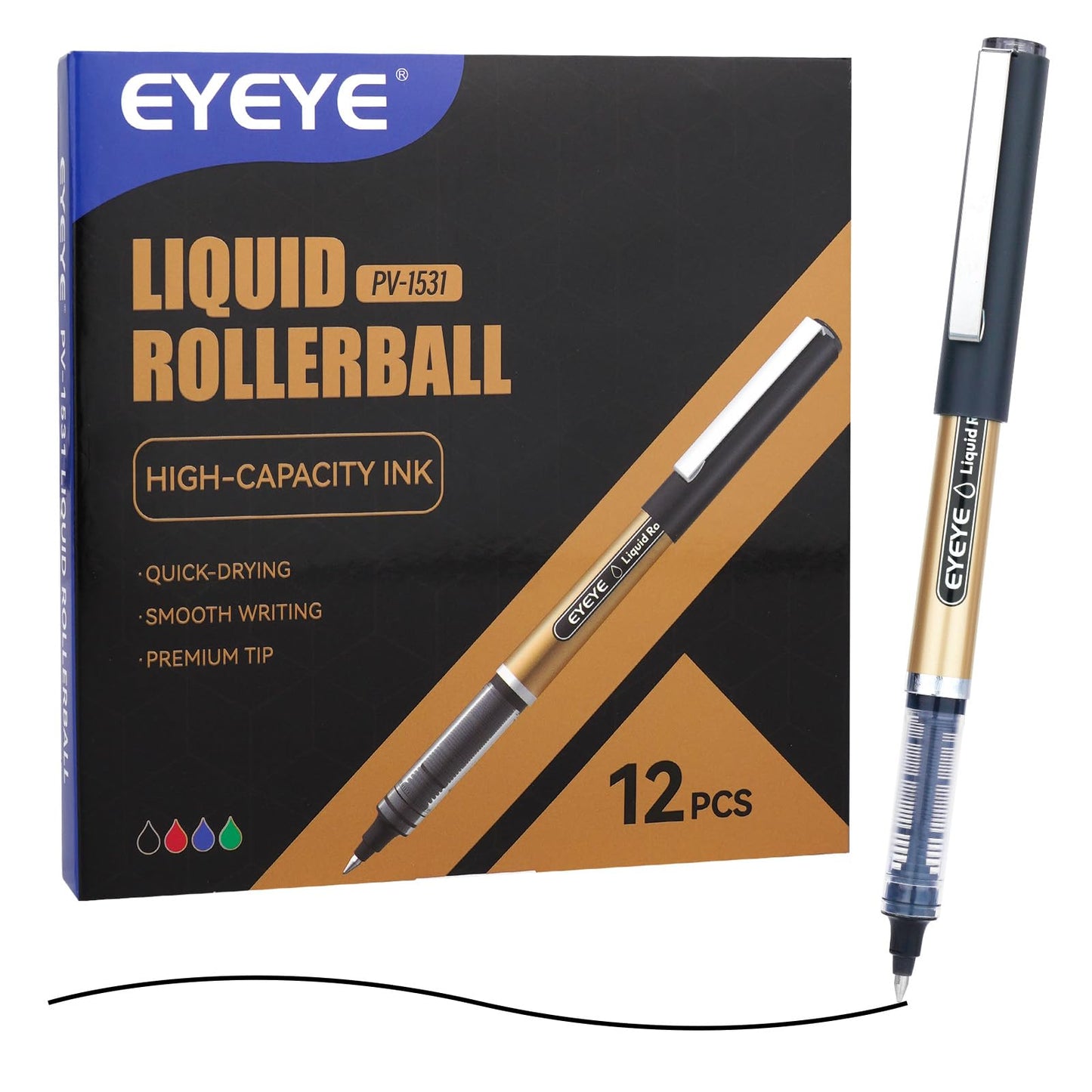 EYEYE Black Rollerball Pens 12 Pack 0.7mm Medium Point, Quick Dry Liquid Ink, Smooth Writing for Journaling, Note Taking, Office & School Supplies