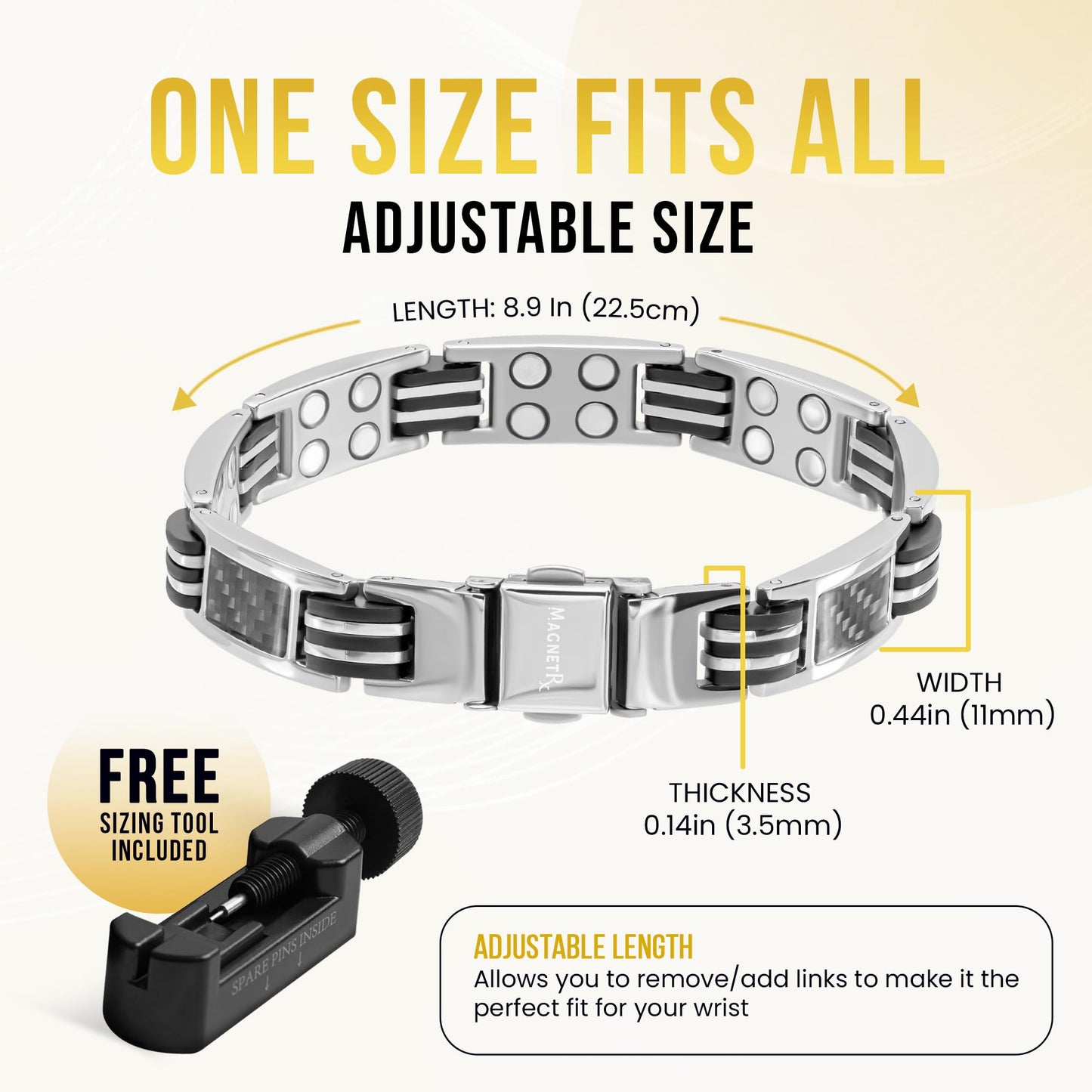 MagnetRX® Magnetic Bracelets for Men – Effective Mens Magnetic Bracelet with Carbon Fiber Inlay – Adjustable Length with Included Sizing Tool (Silver)
