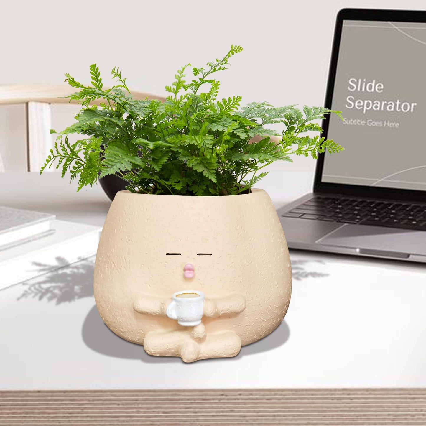 Toparad Smily Face Planter Pot with Coffee Cup Cute Resin Flower Head Planters for Indoor Outdoor Unique Sit Succulent Pots with Drainage Hole Gift IdeaI for Mother Christmas (Khaki)