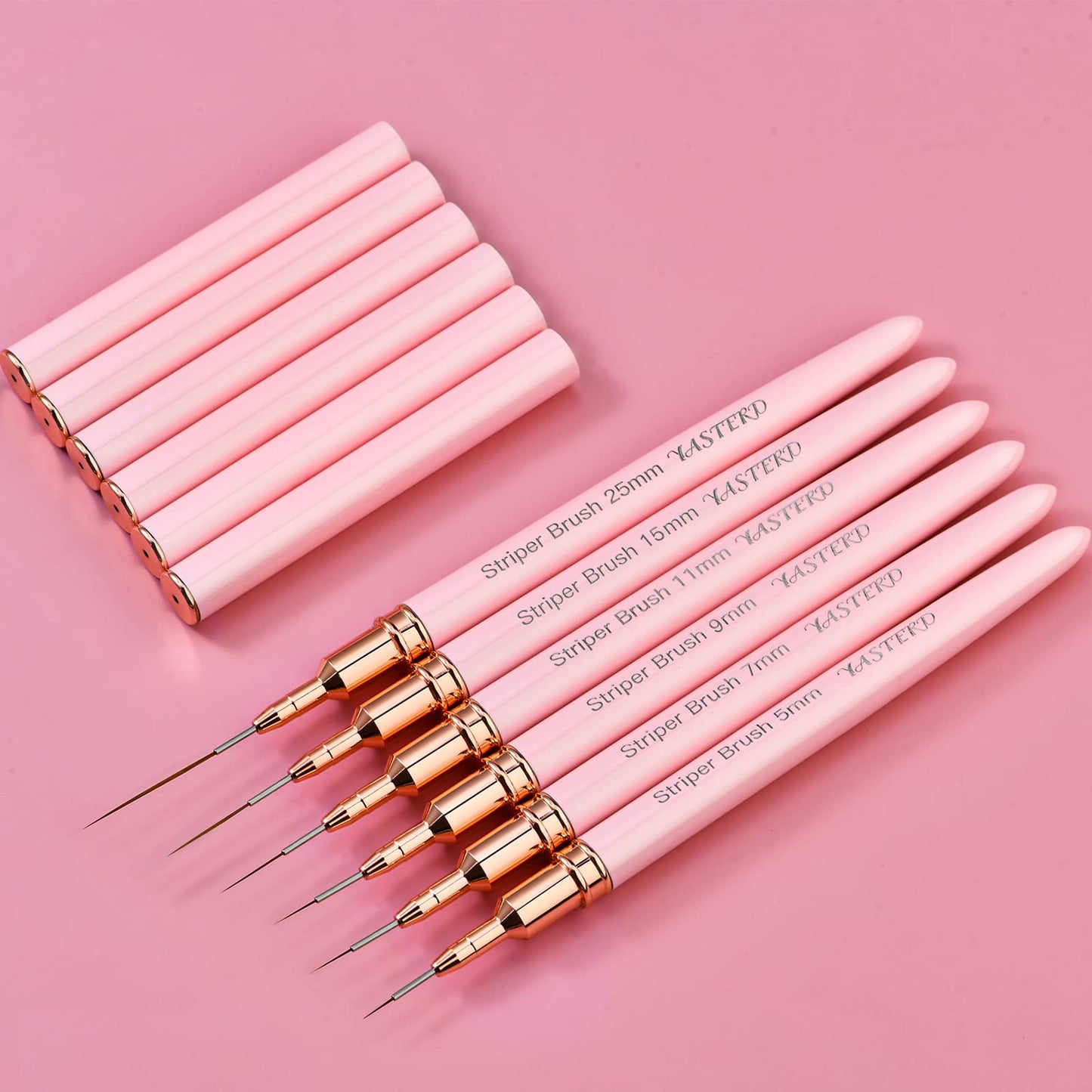 Yasterd Pink Metal Handle Nail Art Brushes, 6pcs Striper Set for Long Lines, Thin Details, Fine Drawing, Delicate Coloring, Elongated Lines, Sizes 5/7/9/11/15/25mm