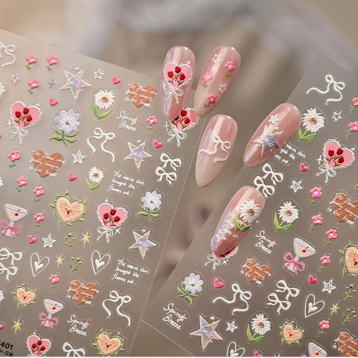 Flower Nail Stickers Decals Heart Nail Stickers for Nails Art 5D Embossed with Design Self Adhesive Spring Summer Nails Decals for Women Manicure Decoration Accessories