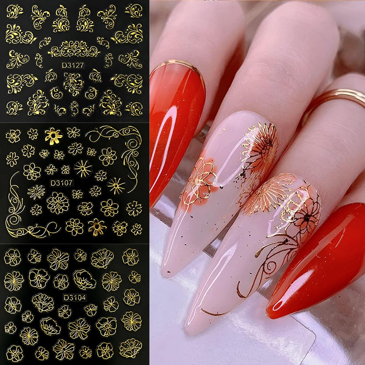 30 Sheets Gold Nail Art Stickers Lace Flower 3D Self Adhesive Leaf Nail Decals Hollow Retro Floral Nail Sticker Baroque Court Supplies for Women DIY Manicure Nail Art Decoration Accessories