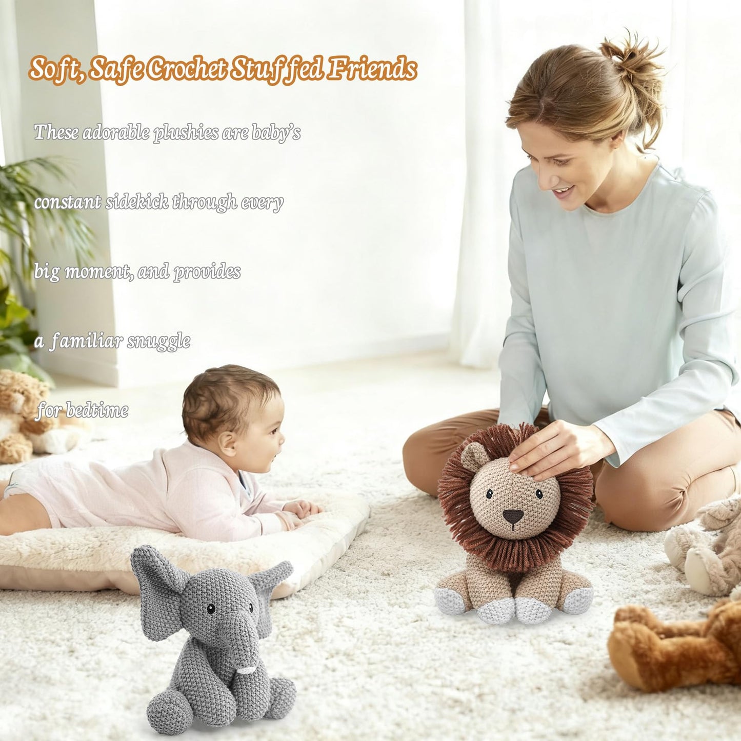 okegztoa 2-Pack Crochet Stuffed Animals (Sitting Lion & Elephant), 8-10 Inches Soft Cotton Thread Plush, Hand-Crocheted Toys, Kid & Adult-Friendly Gifts