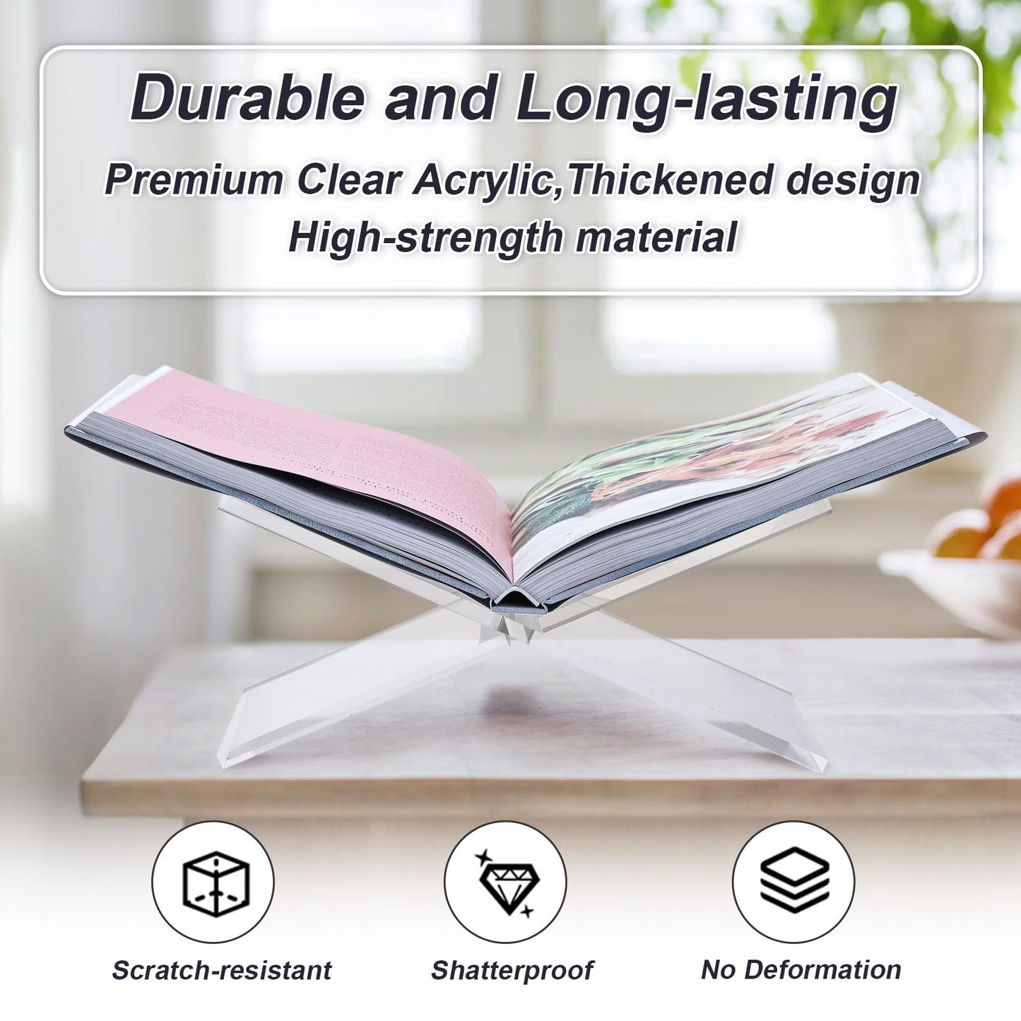 CRIKELE Acrylic Book Stand Holder - Coffee Table Book Stand,Open Cookbook Acrylic Book Display Stand,Magazines Clear Holder,Reading Stand for Open Book Magazines, Textbooks